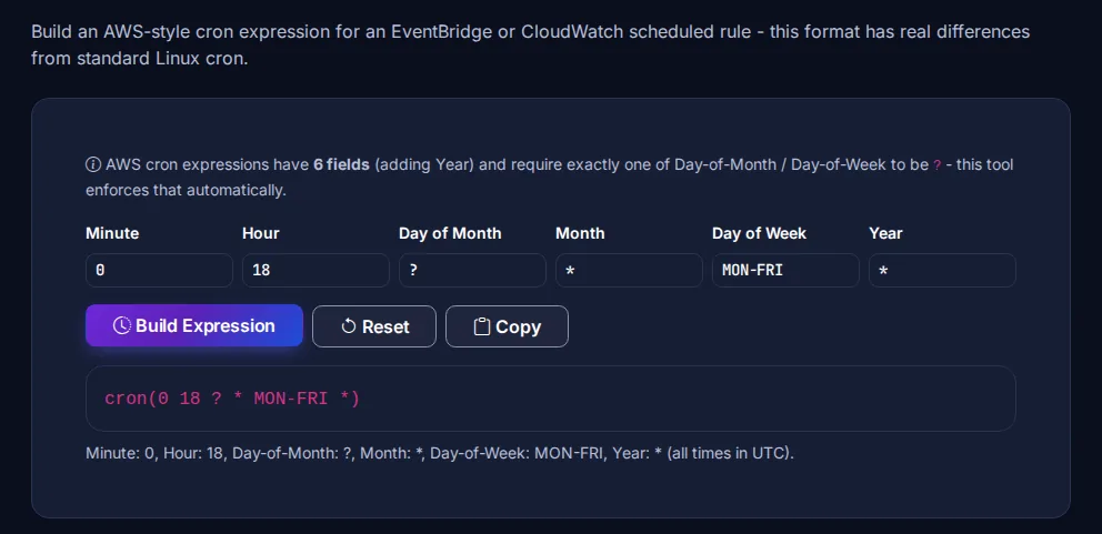 Byteary AWS Cron Expression Helper building cron(0 18 ? * MON-FRI *) from separate minute, hour, day and year fields
