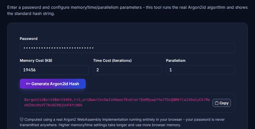 Byteary Argon2id Hash Generator with 19456 KB memory, 2 iterations and parallelism 1 producing an argon2id hash string