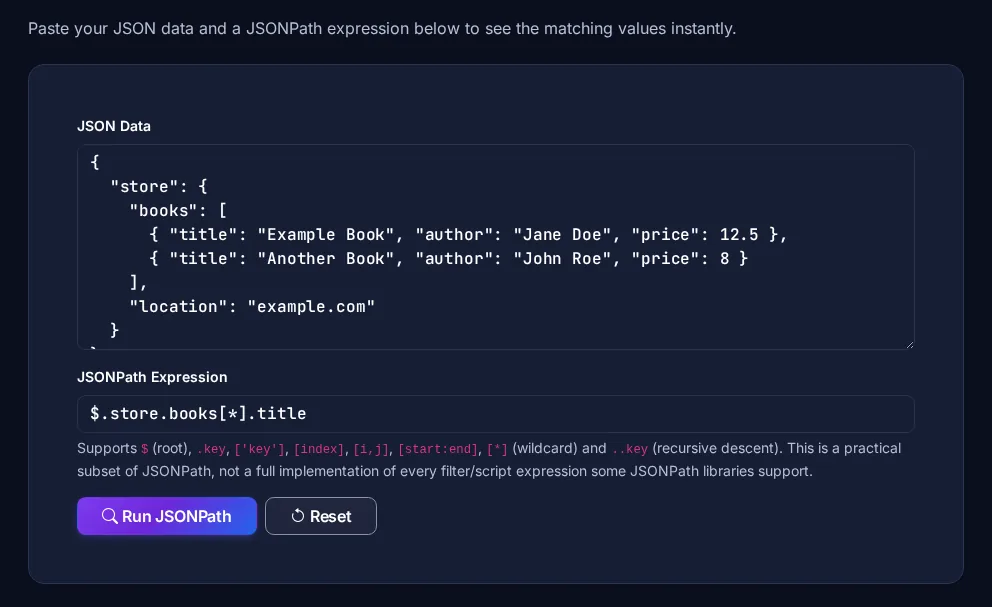 Byteary JSONPath Tester with a sample store JSON document and the expression $.store.books[*].title
