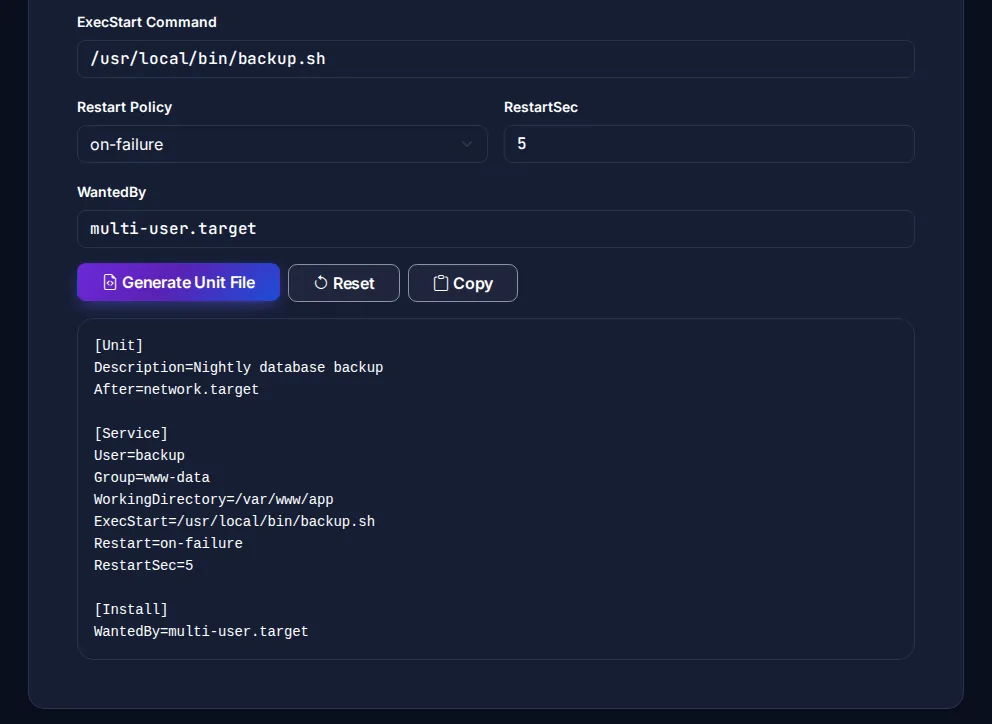 Byteary systemd Service Generator output showing a unit file with Unit, Service and Install sections for a nightly database backup