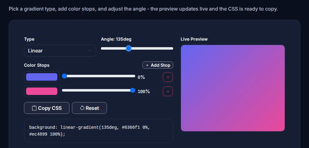 Byteary CSS Gradient Generator with live preview, angle slider and colour stops