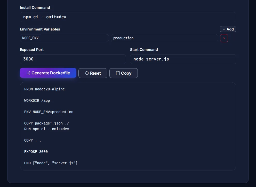 Byteary Dockerfile Generator output with FROM node:20-alpine, WORKDIR, ENV, COPY package files, RUN npm ci and an exec-form CMD