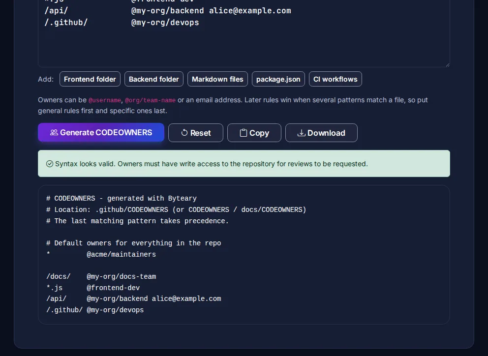 Byteary CODEOWNERS Generator showing a syntax check message and a generated CODEOWNERS file with default owners and path rules