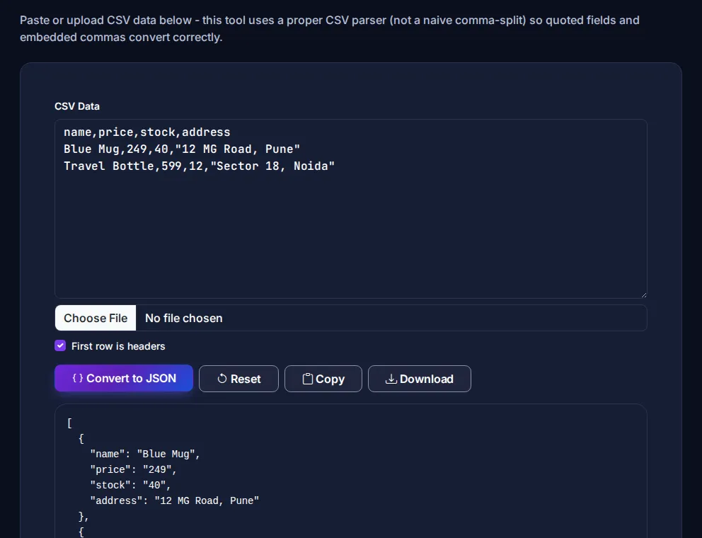 Byteary CSV to JSON converter turning spreadsheet rows into a JSON array of objects