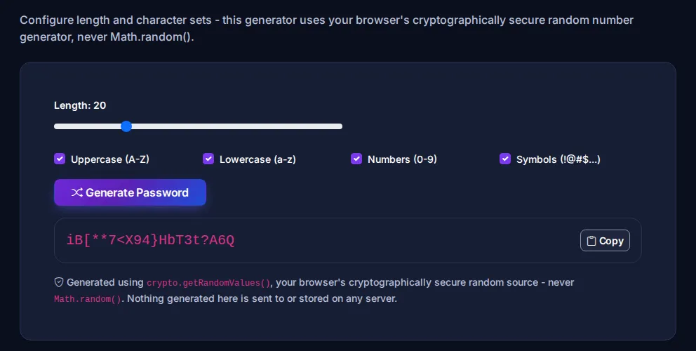 Byteary Secure Password Generator with length slider and character options