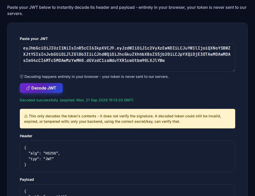 Byteary JWT Decoder showing a decoded token header and payload