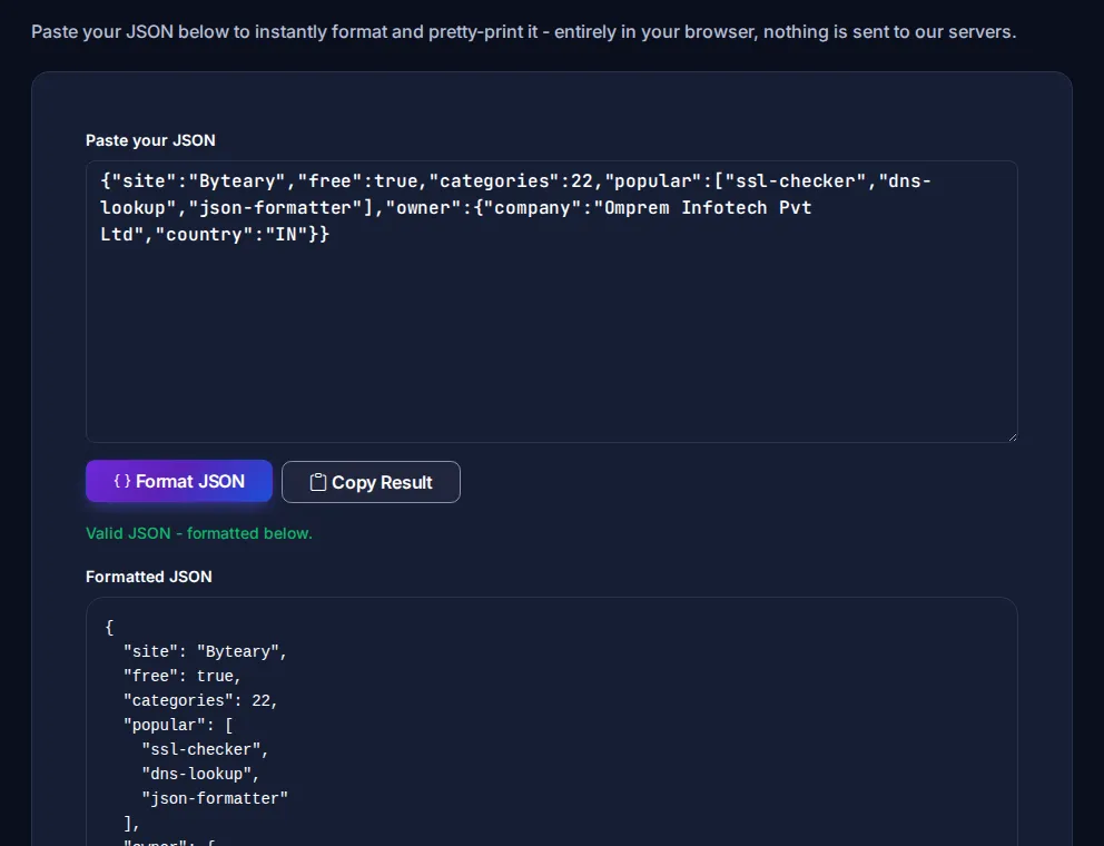 Byteary JSON Formatter turning a one-line JSON string into indented, readable JSON