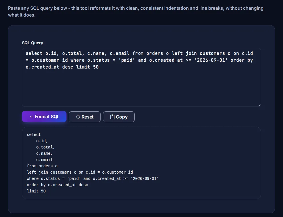 Byteary SQL Formatter splitting a one-line query into clauses and columns on separate lines