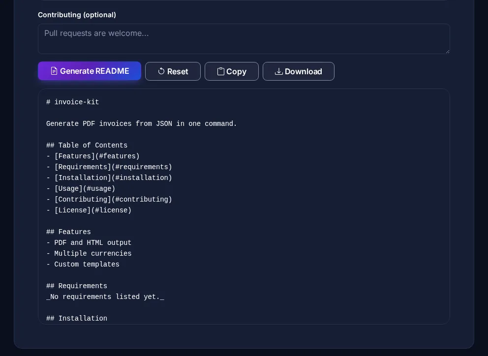 Byteary README Generator output for a project called invoice-kit with a table of contents, features list and installation section