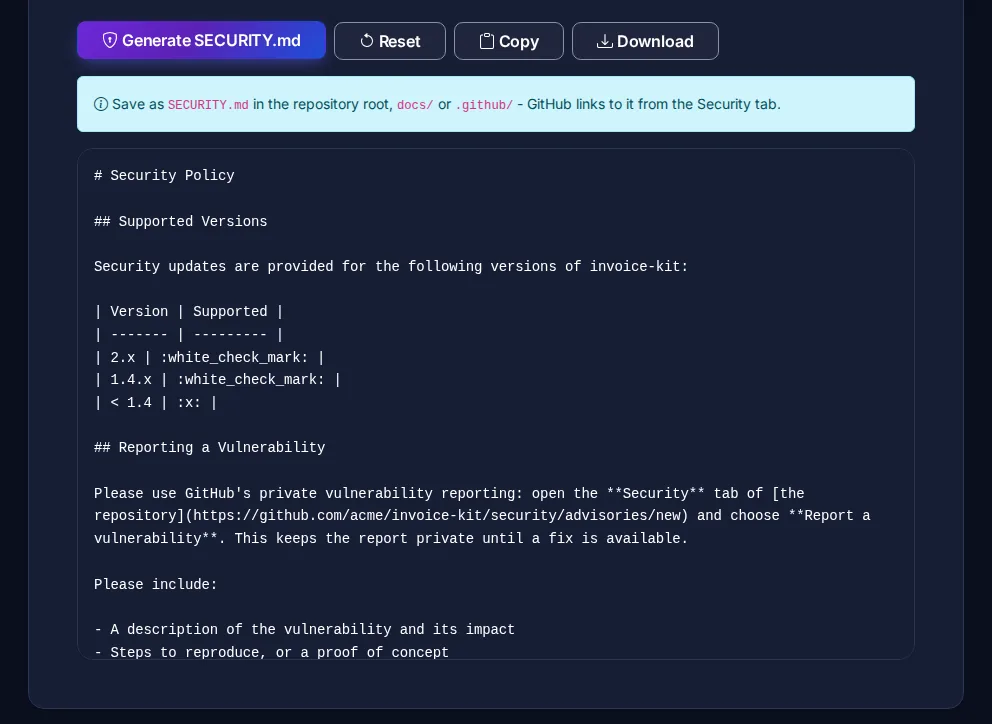 Byteary SECURITY.md Generator output with a supported versions table and GitHub private vulnerability reporting instructions