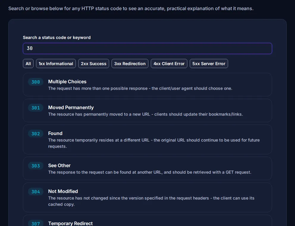 Byteary HTTP Status Code Lookup listing status codes with filters for 2xx, 3xx, 4xx and 5xx