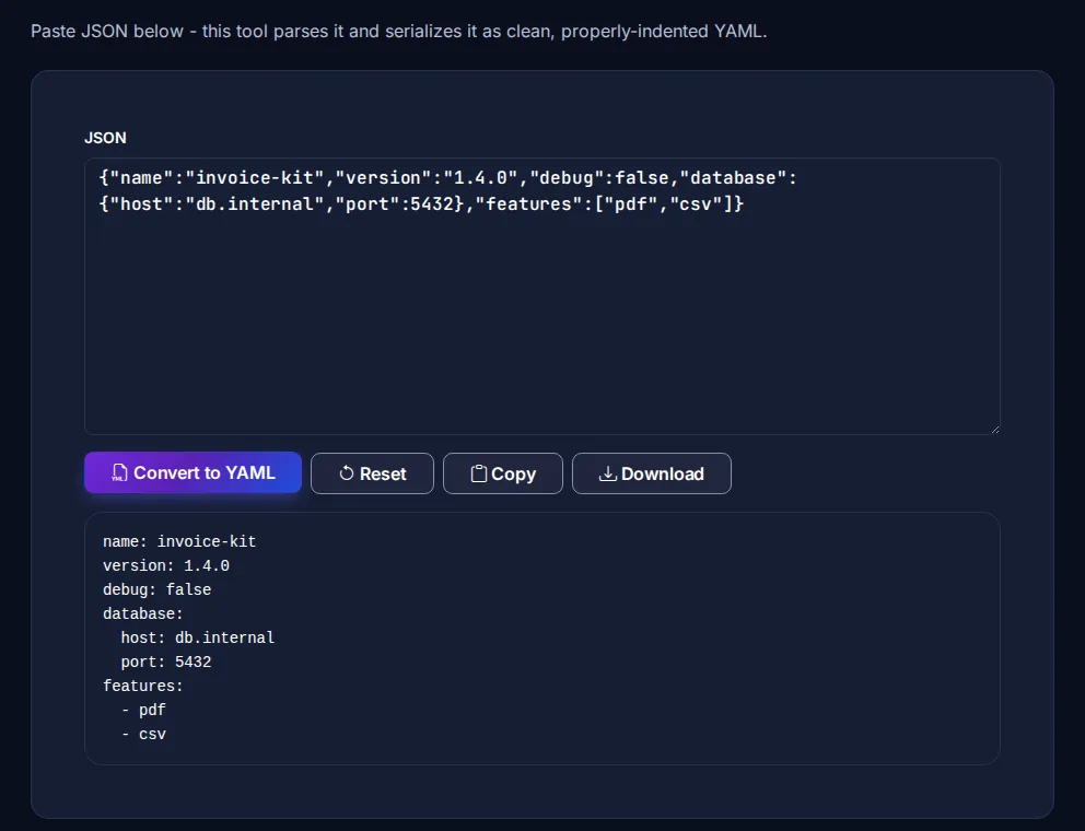 Byteary JSON to YAML converter turning a one-line JSON config into indented YAML with nested database settings and a features list