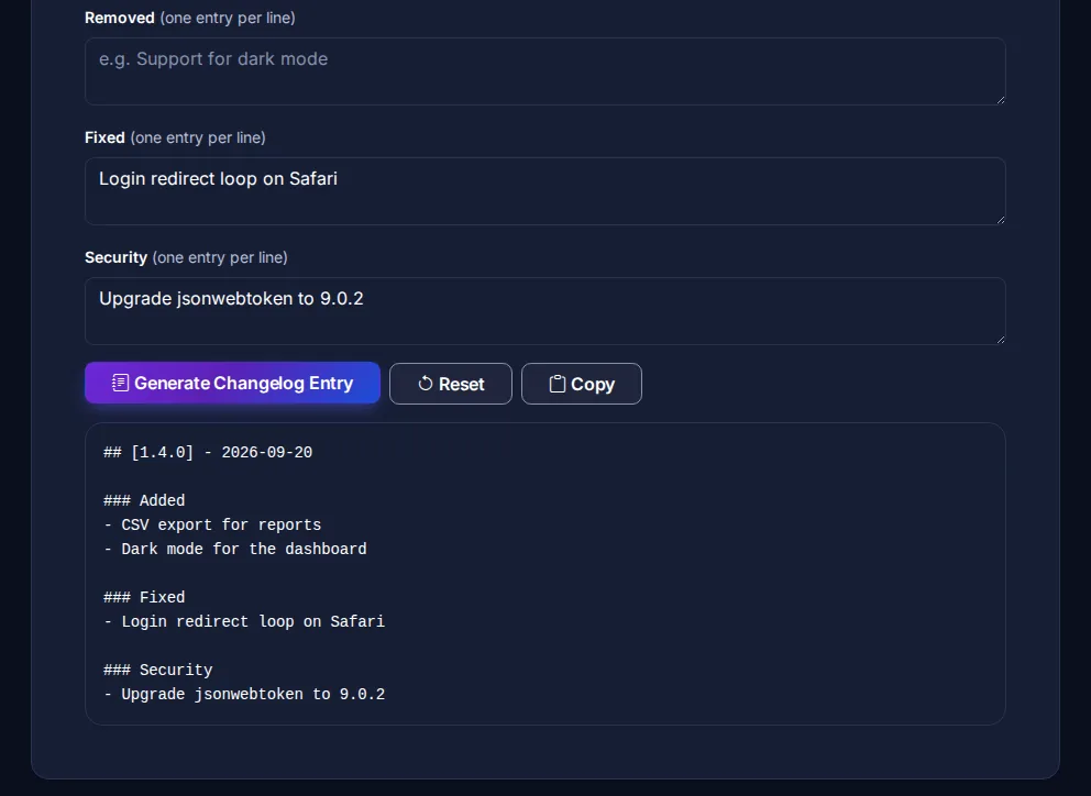 Byteary CHANGELOG Generator producing a 1.4.0 release entry with Added, Fixed and Security sections