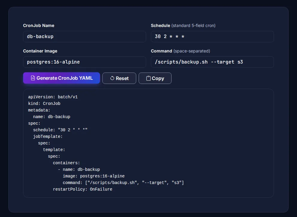 Byteary Kubernetes CronJob Generator producing a batch/v1 CronJob manifest for a db-backup job scheduled at 30 2 * * *