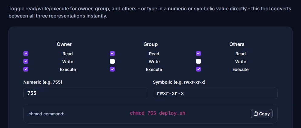 Byteary chmod Calculator showing checkboxes for owner, group and public permissions with numeric 755 and symbolic rwxr-xr-x