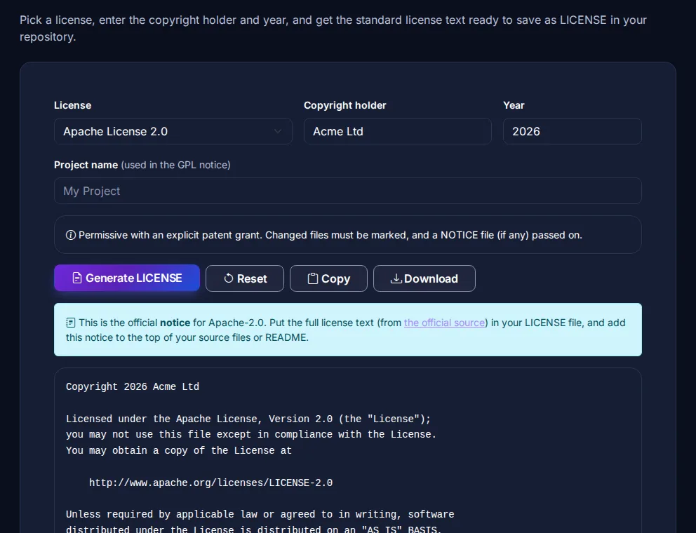 Byteary LICENSE Generator with Apache License 2.0 selected, a permissions summary and the generated official license notice for Acme Ltd