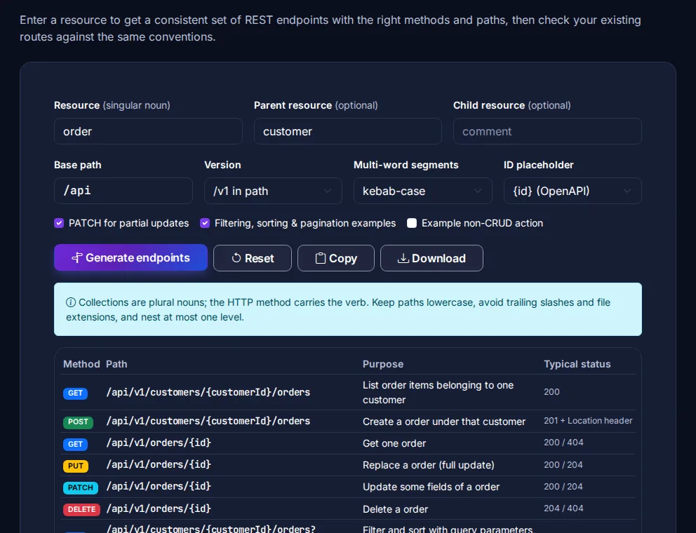 Byteary API Endpoint Naming Generator table listing GET, POST, PUT, PATCH and DELETE endpoints for orders nested under customers