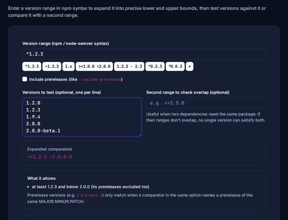 Byteary Version Range Calculator explaining which versions an npm range allows