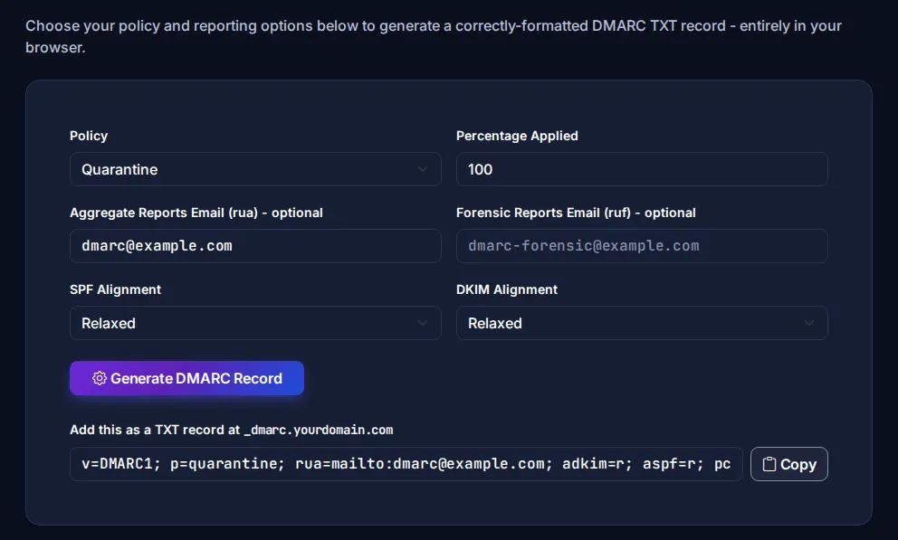 Byteary DMARC Record Generator building a DMARC TXT record with policy and reporting address