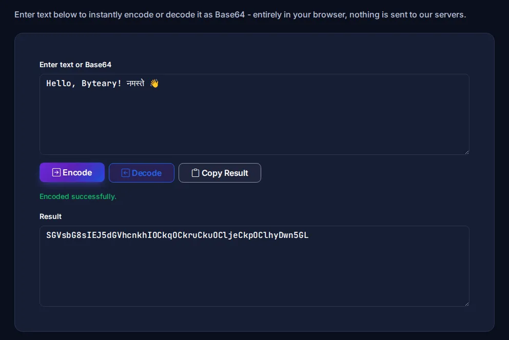 Byteary Base64 Encoder and Decoder converting text to Base64